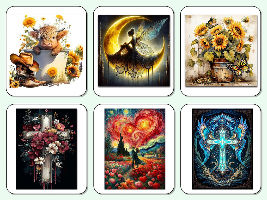 Diamond art coaster designs including a cow with cowboy boots, a fairy on a moon, sunflowers, a floral cross, a couple in a field, and an ornate cross.