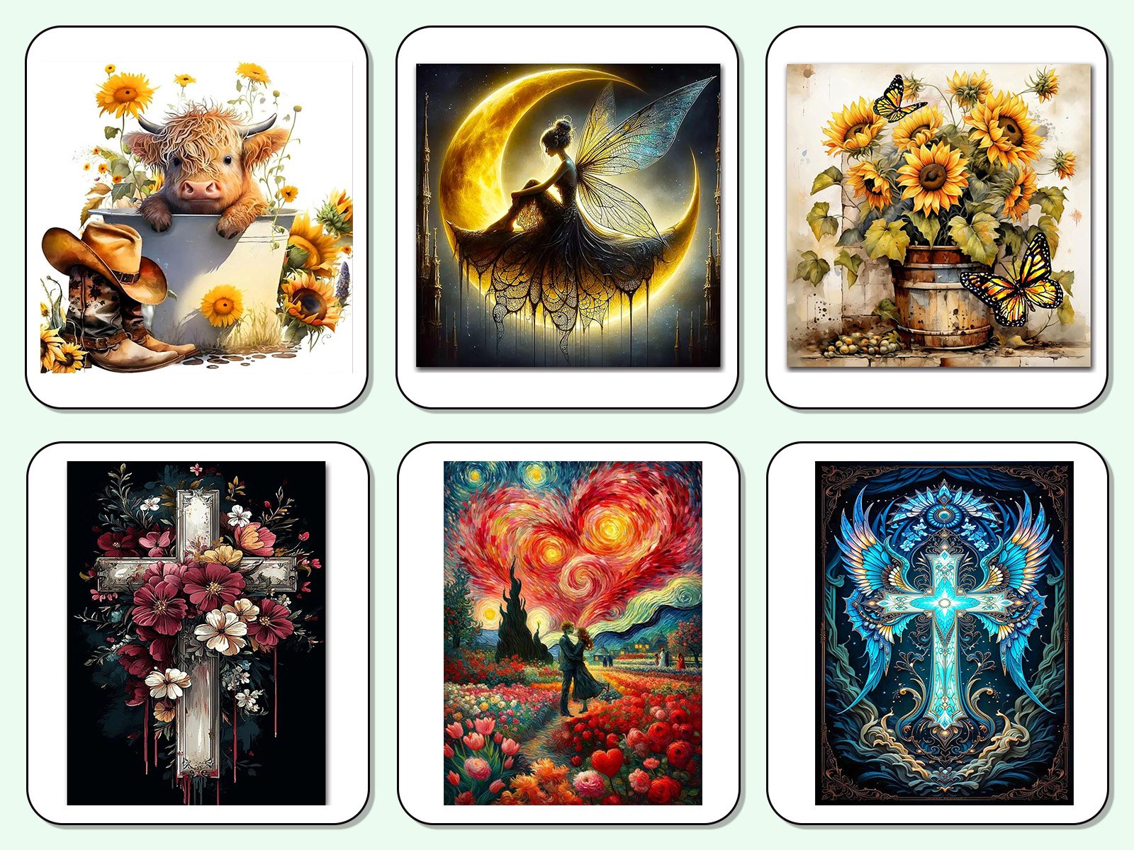 Diamond art coaster designs including a cow with cowboy boots, a fairy on a moon, sunflowers, a floral cross, a couple in a field, and an ornate cross.
