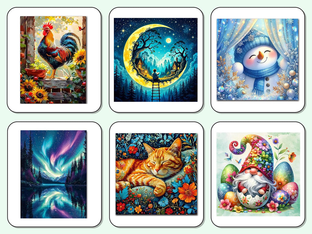 Six diamond art coaster designs: rooster, moonlit village, snowman, aurora borealis, sleeping cat, and gnome with Easter eggs.