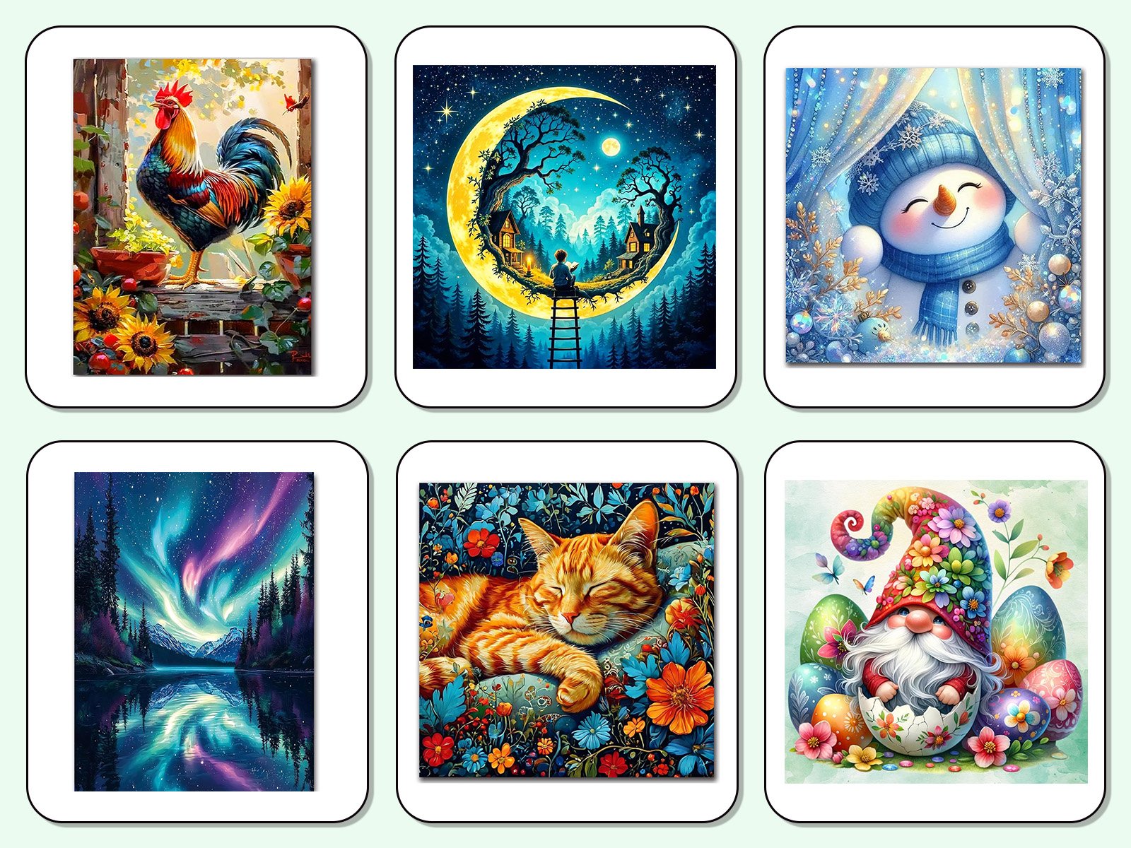 Six diamond art coaster designs: rooster, moonlit village, snowman, aurora borealis, sleeping cat, and gnome with Easter eggs.