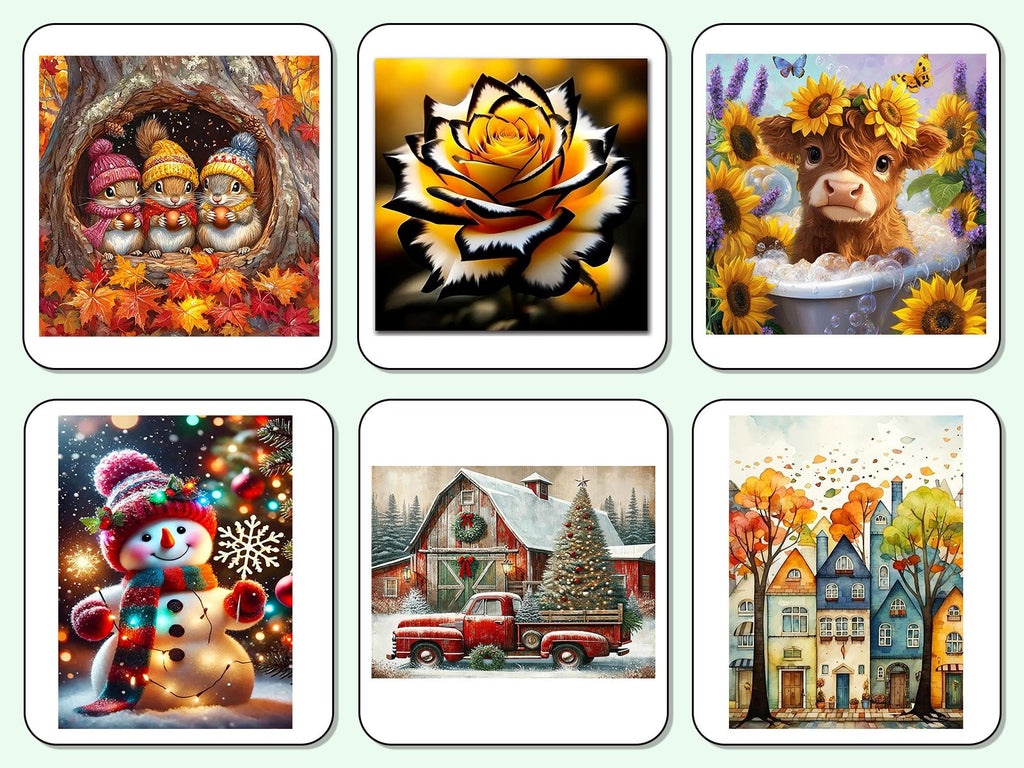 Diamond art coaster designs including squirrels, rose, cow, snowman, barn, and houses