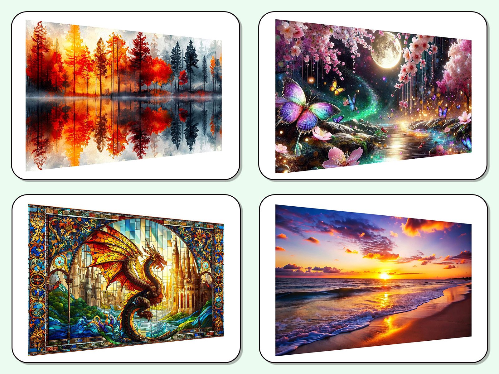 Four diamond art coaster designs: autumn forest reflection, magical night with butterflies, stained glass dragon, and beach sunset.