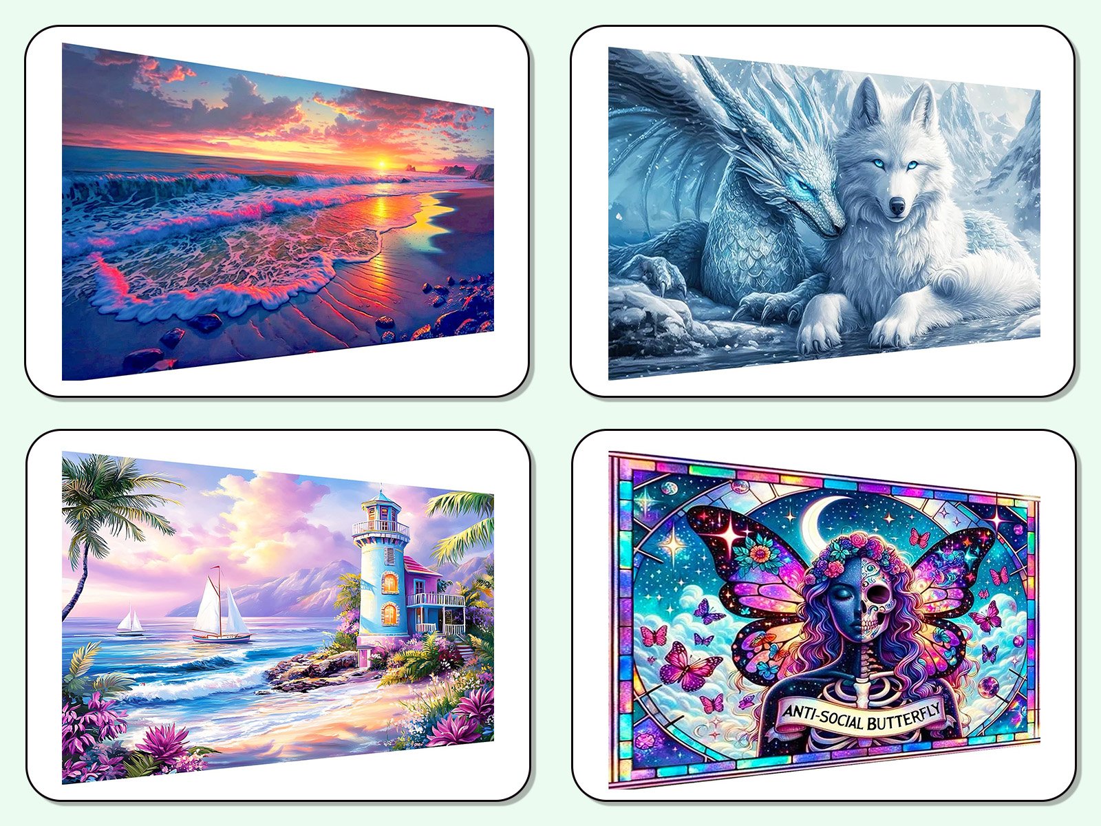 Four diamond art coaster designs: sunset beach, dragon and wolf, lighthouse scene, and a celestial butterfly skeleton.