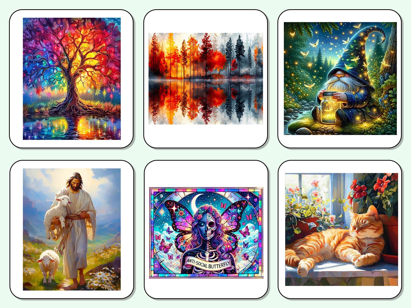 Diamond art coaster designs including a colorful tree, forest reflection, gnome, Jesus with sheep, butterfly woman, and a cat.