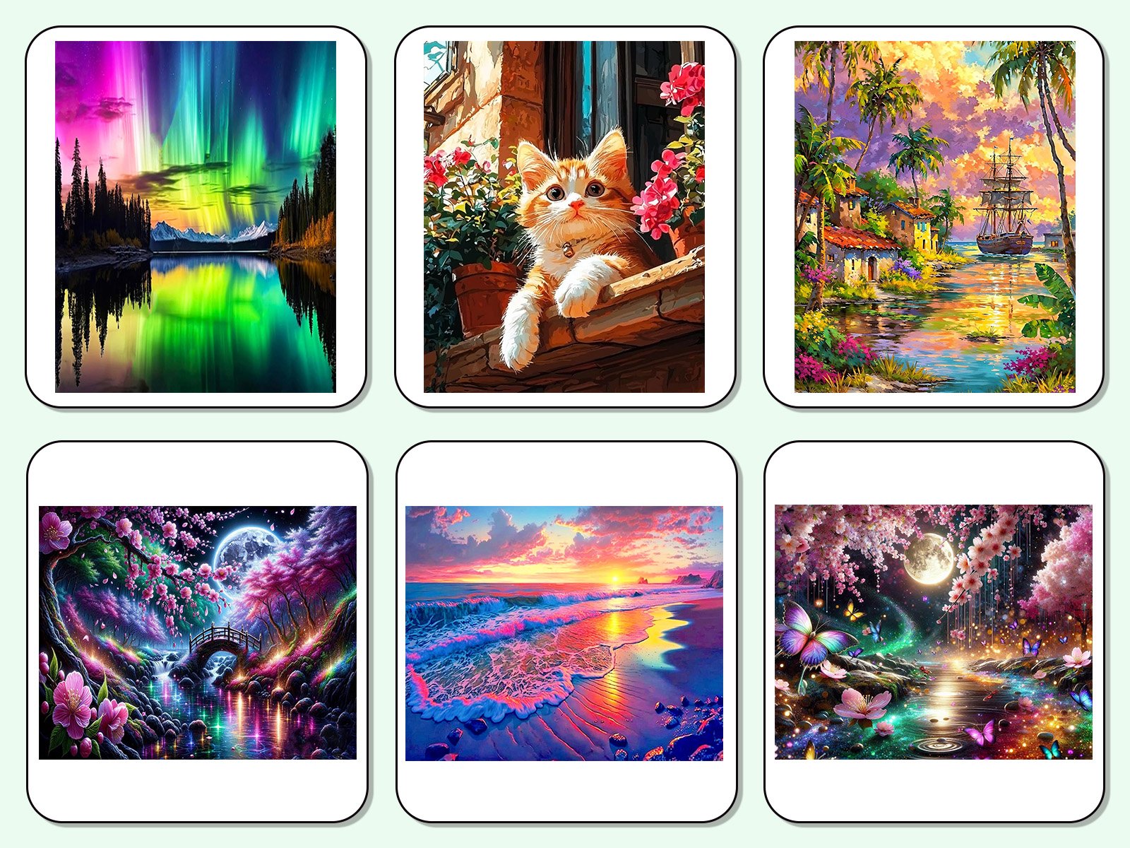 Six diamond painting designs featuring aurora borealis, a cat, a tropical village, a fantasy forest bridge, a beach sunset, and a moonlit garden with butterflies.