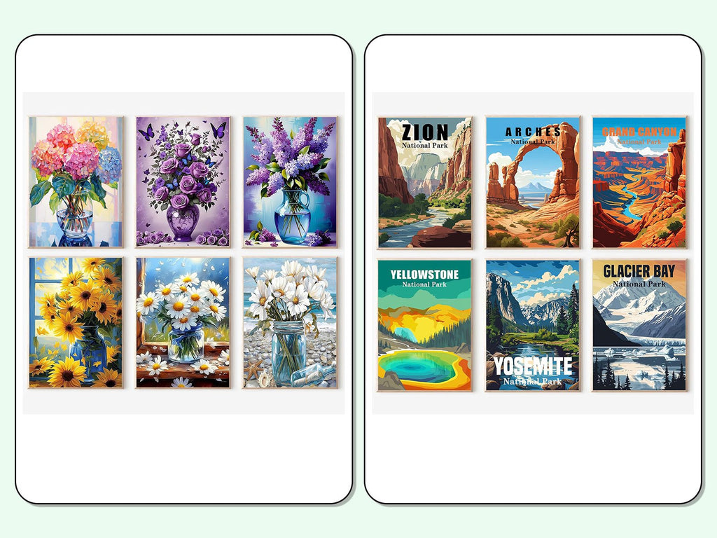 Six floral diamond painting coasters and six national park posters displayed in a grid.