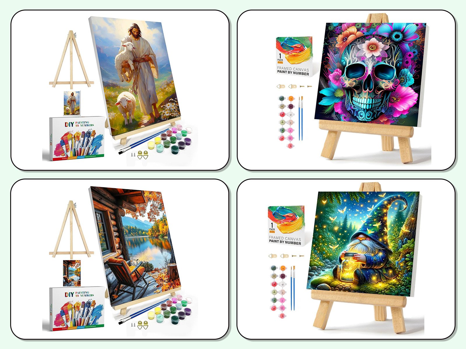 Four paint by numbers kits displayed with canvases, paints, brushes, and easels. Kits feature religious, skull, cabin, and gnome designs.