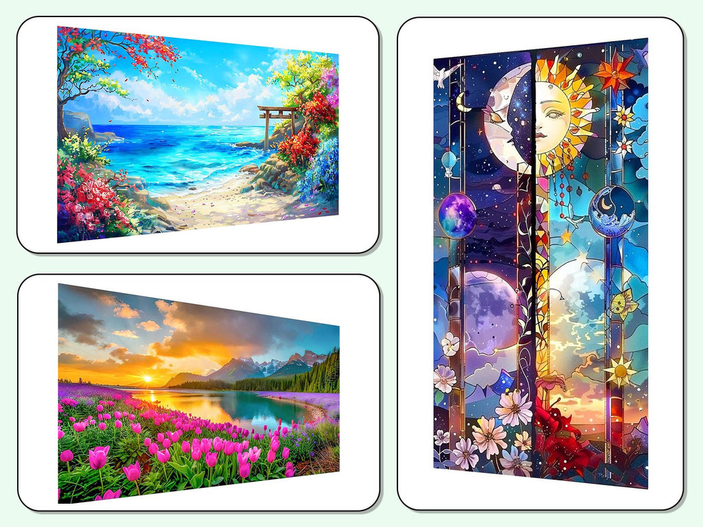 Diamond art coaster designs featuring celestial bodies and floral motifs, displayed in a triptych layout.