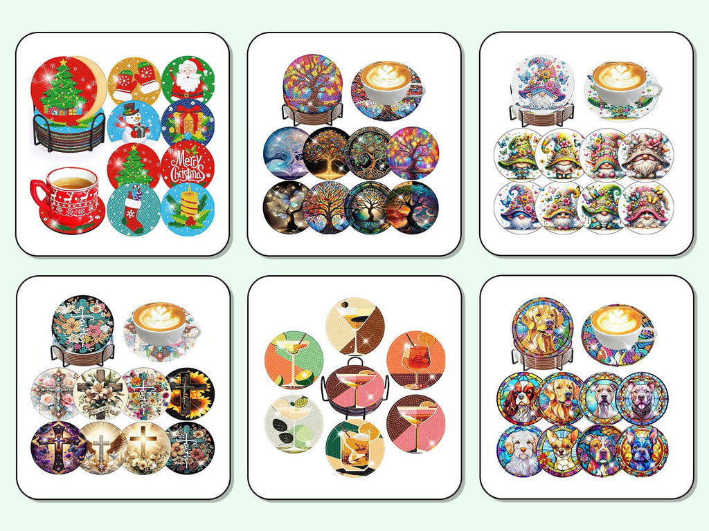 Six panels of diamond art coaster kits, each showing multiple designs and a holder, with some panels including a coffee cup.