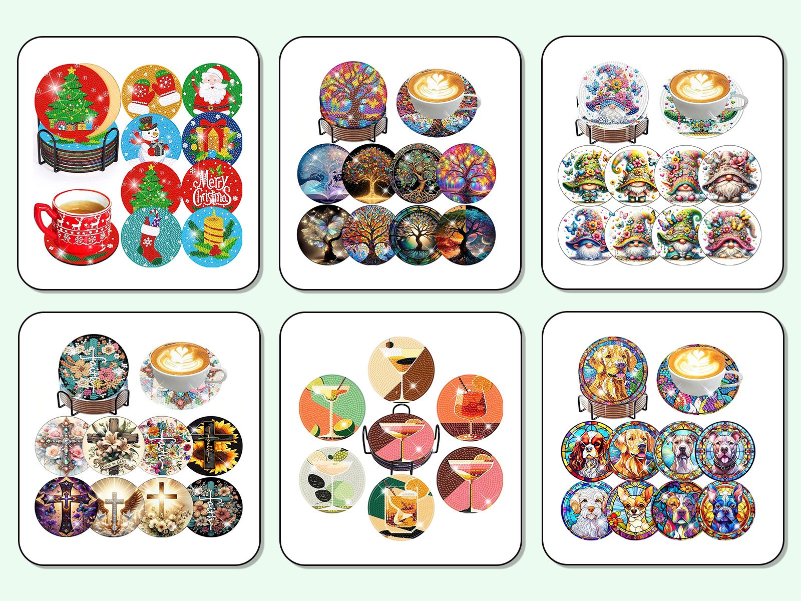 Six panels of diamond art coaster kits, each showing multiple designs and a holder, with some panels including a coffee cup.