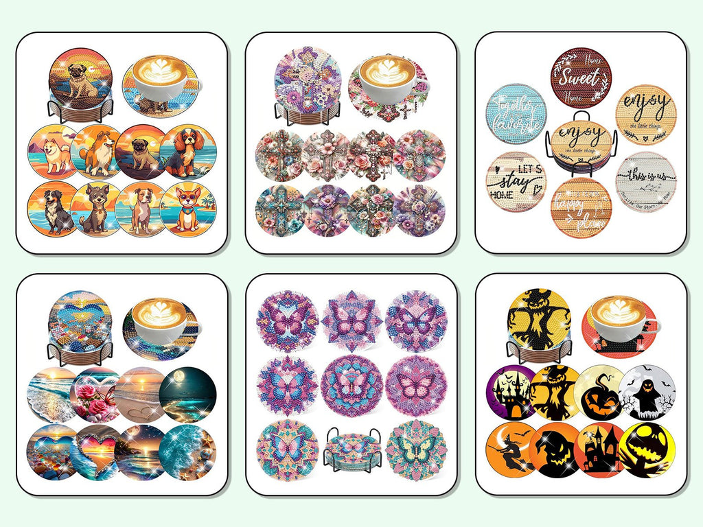 Diamond art coaster kits with holder, featuring dog, floral, inspirational text, butterfly, and Halloween designs.