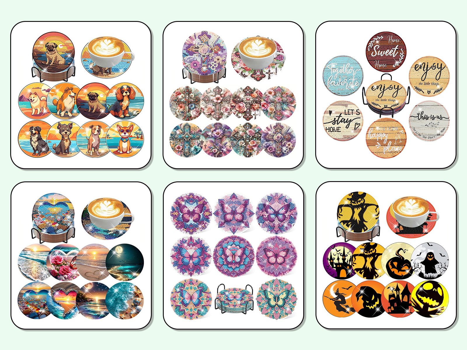 Diamond art coaster kits with holder, featuring dog, floral, inspirational text, butterfly, and Halloween designs.