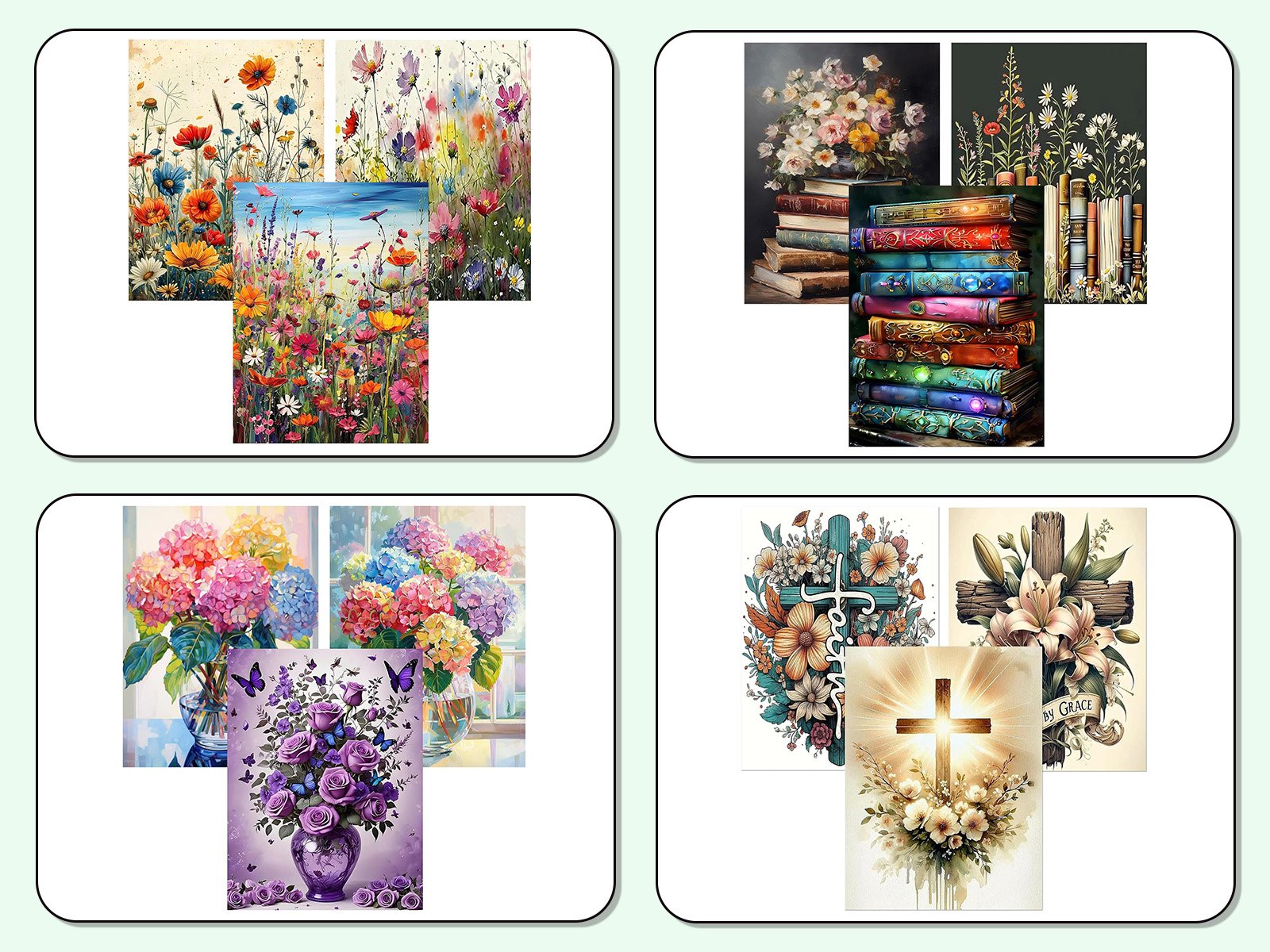 Collage of four diamond art coaster designs: floral fields, stack of books, floral arrangements, and crosses with religious text.