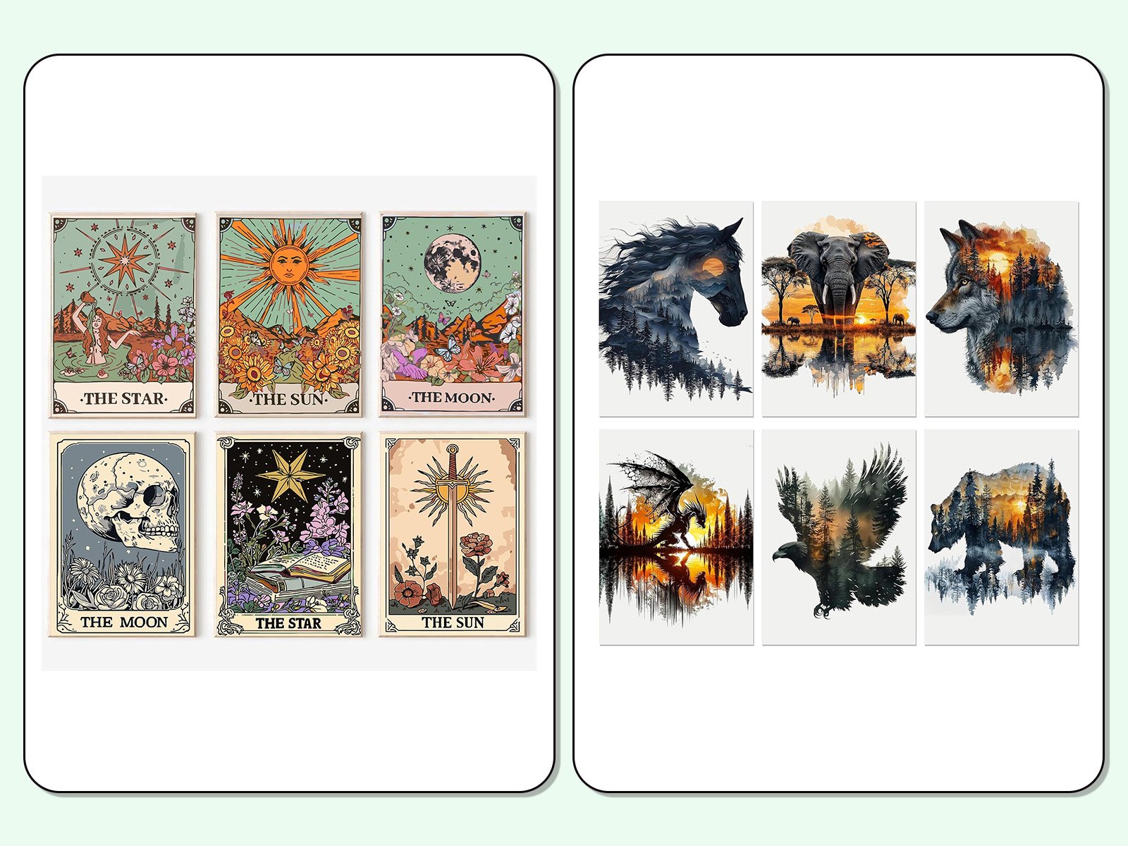 Collage of tarot-style cards and nature-themed animal art prints
