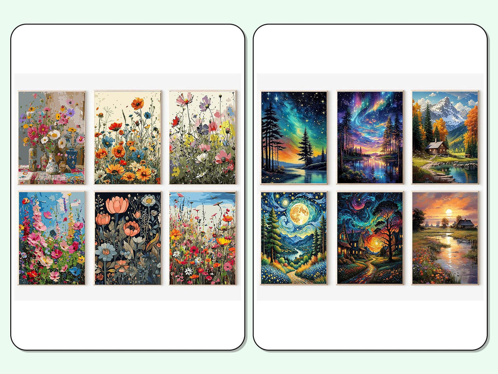 Collection of 12 diamond painting designs featuring floral scenes and landscapes, arranged in two columns of six.
