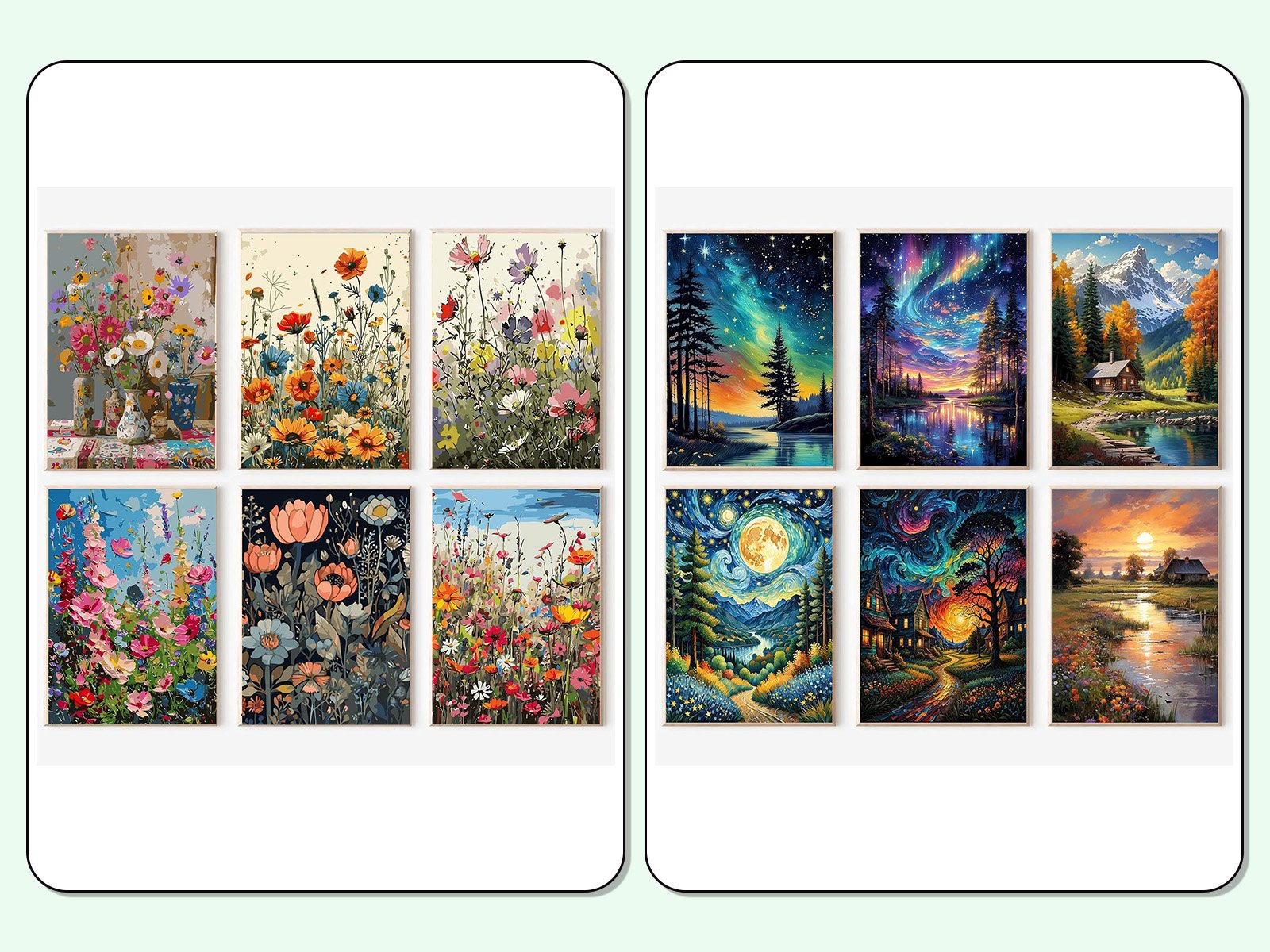 Collection of 12 diamond painting designs featuring floral scenes and landscapes, arranged in two columns of six.