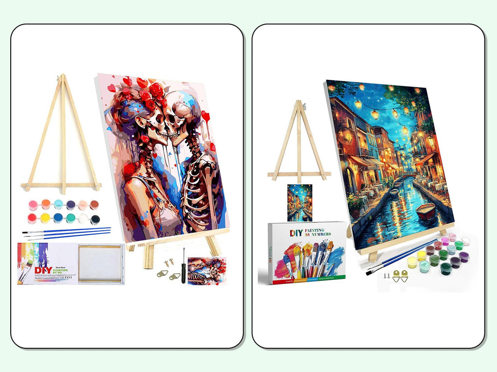 Two paint by numbers kits displayed side-by-side, each with a canvas, paints, brushes, and easel.