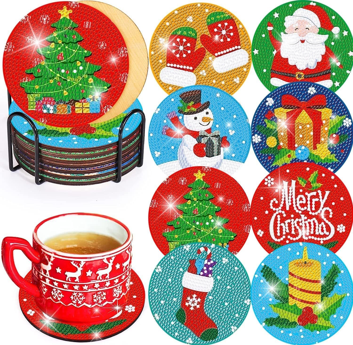 Diamond art coasters with Christmas designs including Santa, snowman, Christmas tree, and gifts, displayed in a holder with a red mug and coaster.