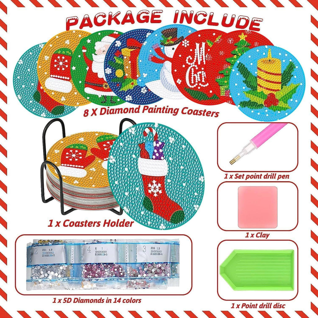 Diamond art coaster kit with holder, drill pen, clay, and diamonds. Christmas designs include Santa, snowman, stocking, and candle.