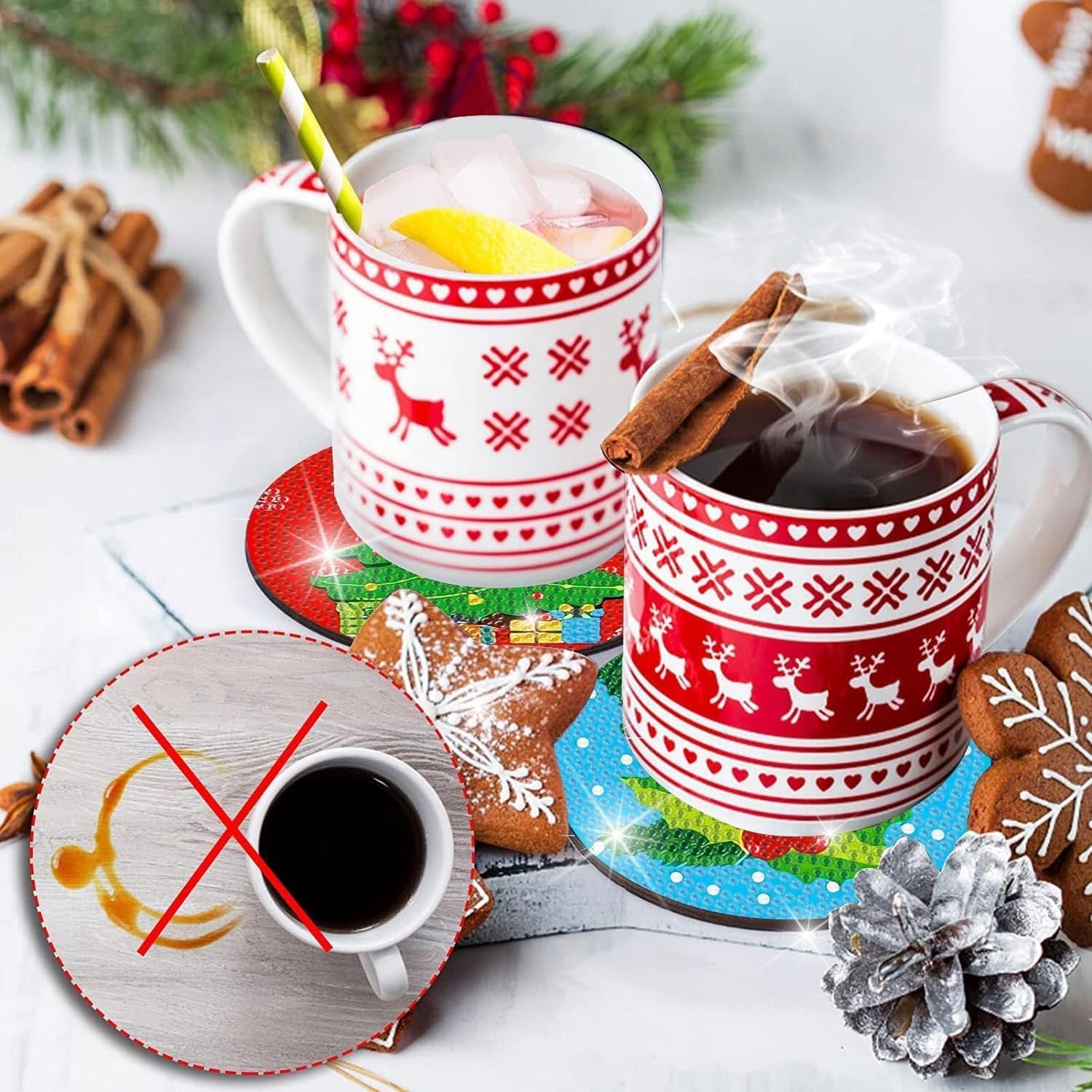 Two mugs of hot and cold drinks sit on Christmas-themed diamond art coasters, with gingerbread cookies and cinnamon sticks.