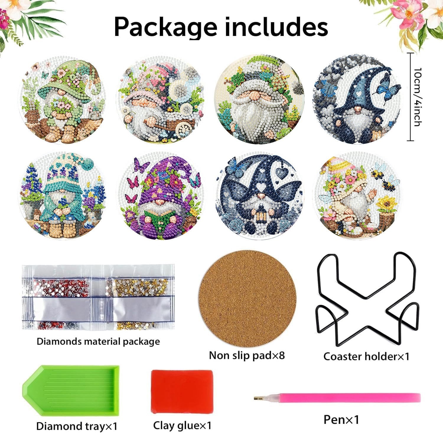 Diamond art coaster kit contents including 8 gnome designs, diamond bags, cork pads, tray, glue, pen, and holder.