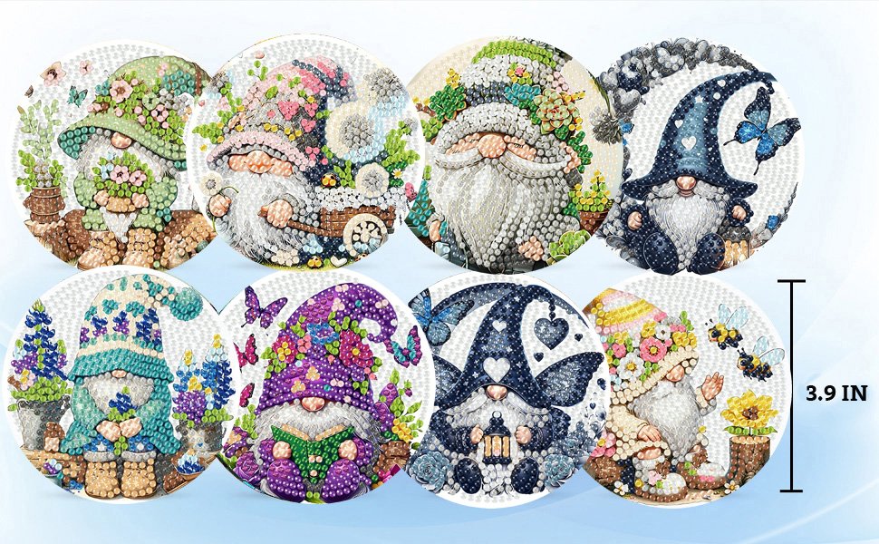 Eight diamond art coasters featuring gnomes in various colorful designs, with a size indicator on the right.