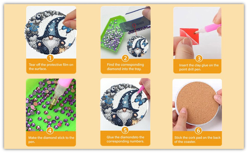 Diamond art coaster kit instructions showing 6 steps: peeling film, sorting diamonds, using glue pen, picking diamonds, placing diamonds, and attaching cork backing.