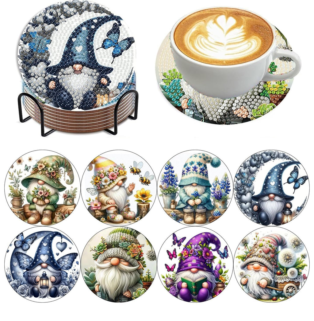 Eight diamond art coaster designs featuring gnomes and butterflies, displayed with a coffee cup on one coaster and a holder for the others.