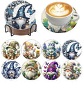 Eight diamond art coaster designs featuring gnomes and butterflies, displayed with a coffee cup on one coaster and a holder for the others.