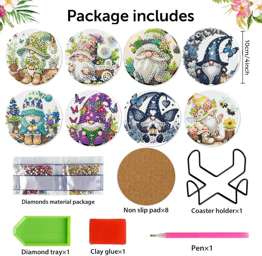 Diamond art coaster kits contents including 8 gnome designs, diamond bags, cork pads, holder, tray, glue, and pen.