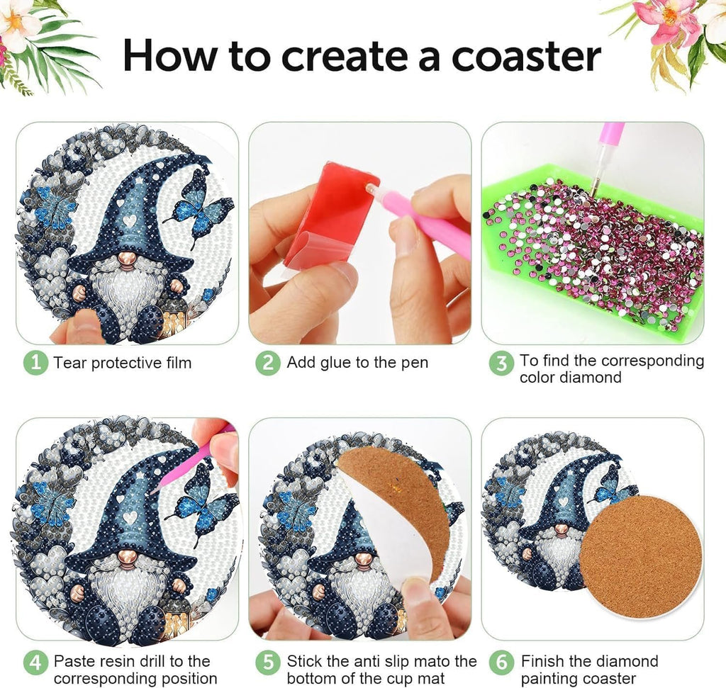 Diamond art coaster kit instructions showing 6 steps: tearing film, adding glue, finding diamonds, pasting drills, attaching mat, and finishing.
