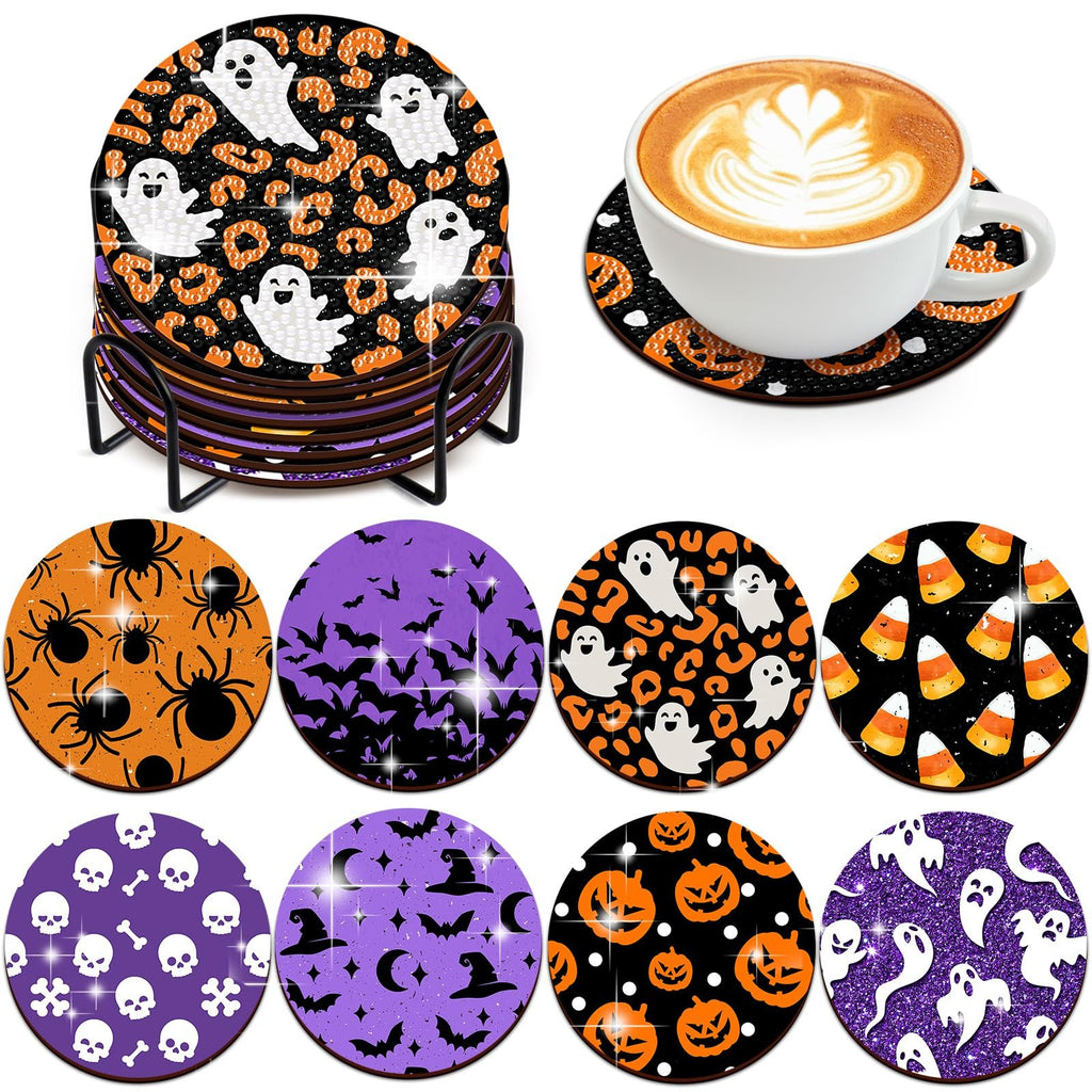 Halloween diamond art coaster kit with holder and a cup of coffee on a coaster, featuring ghosts, pumpkins, bats, spiders, skulls, and candy corn designs.