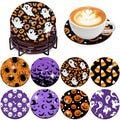 Halloween diamond art coaster kit with holder and a cup of coffee on a coaster, featuring ghosts, pumpkins, bats, spiders, skulls, and candy corn designs.
