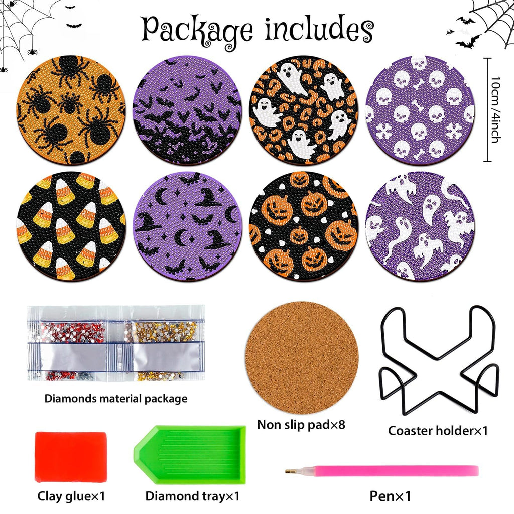 Halloween diamond art coaster kit contents including 8 coaster designs, diamonds, clay glue, diamond tray, pen, non-slip pads, and coaster holder.