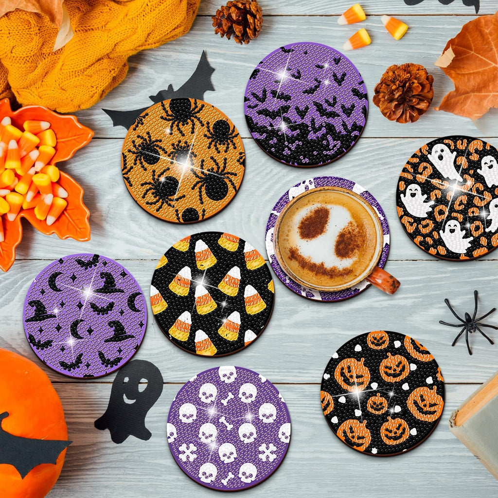 Halloween diamond art coaster kit with holder, featuring spider, bat, ghost, candy corn, skull, and pumpkin designs.