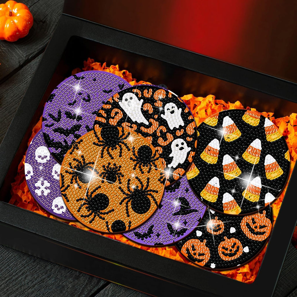 Halloween diamond art coaster kit with holder, featuring designs of spiders, ghosts, candy corn, pumpkins, and skulls.