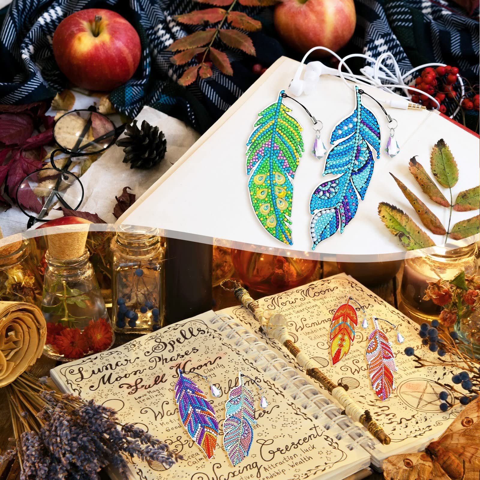 Diamond painting feather bookmarks on an open book with autumn decor, including apples and leaves.