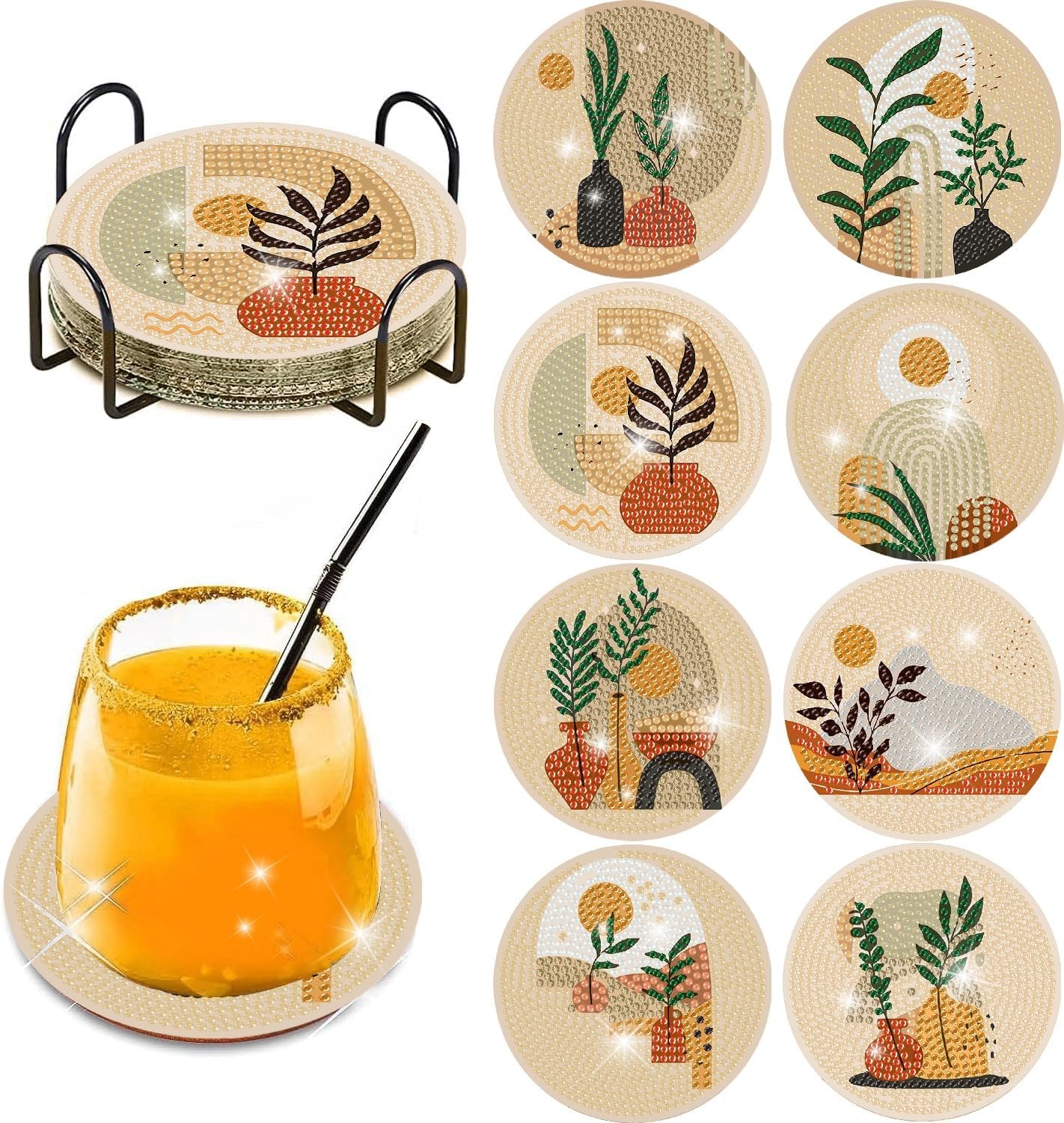 Bohemian style diamond painting coasters with abstract landscape designs on a stand and one in use with a drink.