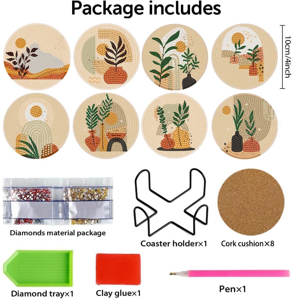 Diamond painting coaster kit contents laid out, showing 8 coasters, diamond bags, tray, glue, pen, holder, and cork bases.