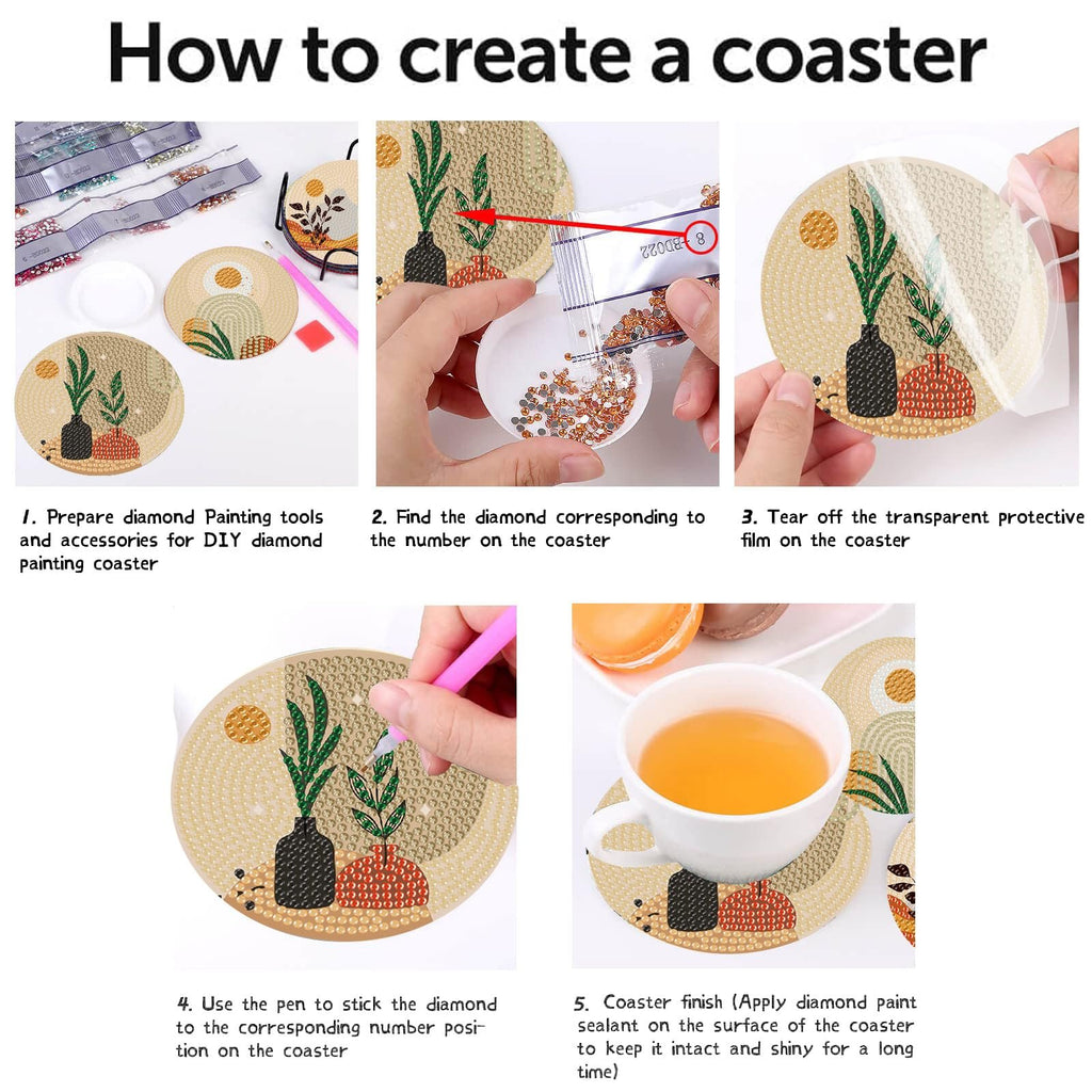 Collage showing 5 steps to create diamond painting coasters, including tools, applying diamonds, and finished product with tea.