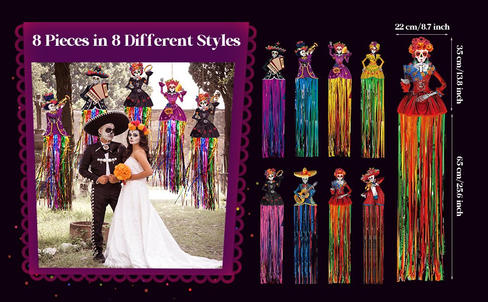Day of the Dead sugar skull hanging decorations with tassels, shown on a couple in costume and as individual product shots with dimensions.