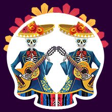 Day of the Dead sugar skull hanging decorations featuring two skeletons playing guitars, framed by floral elements.