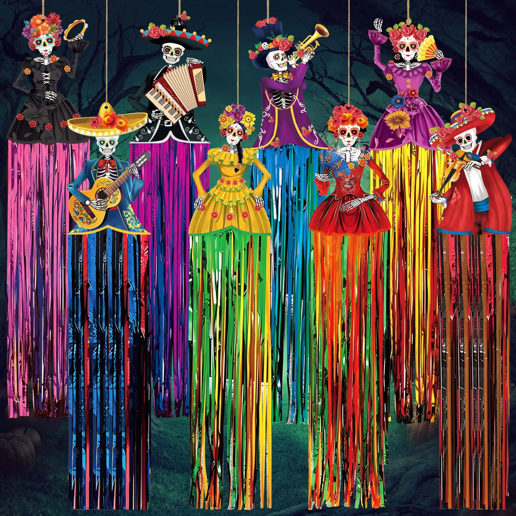 Eight Day of the Dead sugar skull hanging decorations with colorful fringe streamers, each skeleton figure plays a musical instrument or holds an accessory.