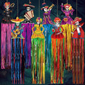 Eight Day of the Dead sugar skull hanging decorations with colorful fringe streamers, each skeleton figure plays a musical instrument or holds an accessory.