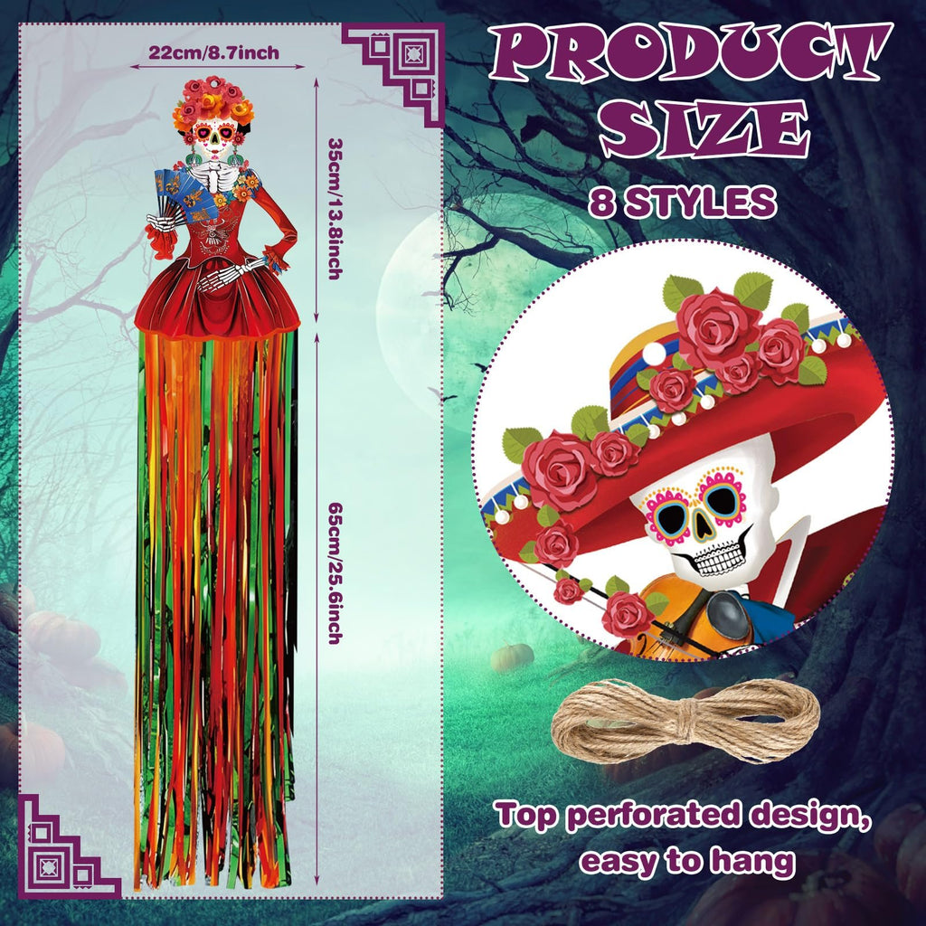 Day of the Dead sugar skull hanging decoration with colorful streamers and sombrero, showing dimensions and hanging feature.