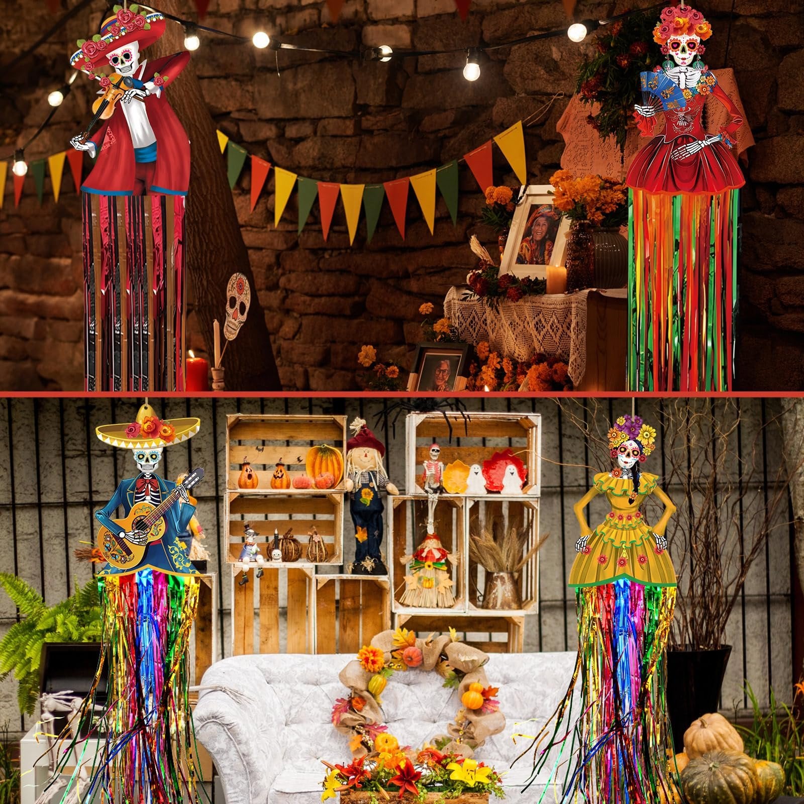 Day of the Dead sugar skull hanging decorations with tassels displayed in festive settings.