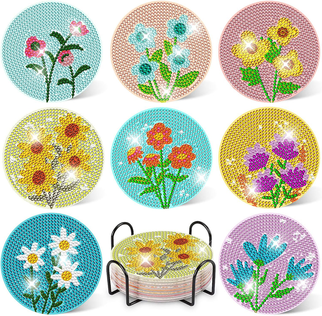 Diamond art coasters with flower designs and a black metal holder, showing various floral patterns.