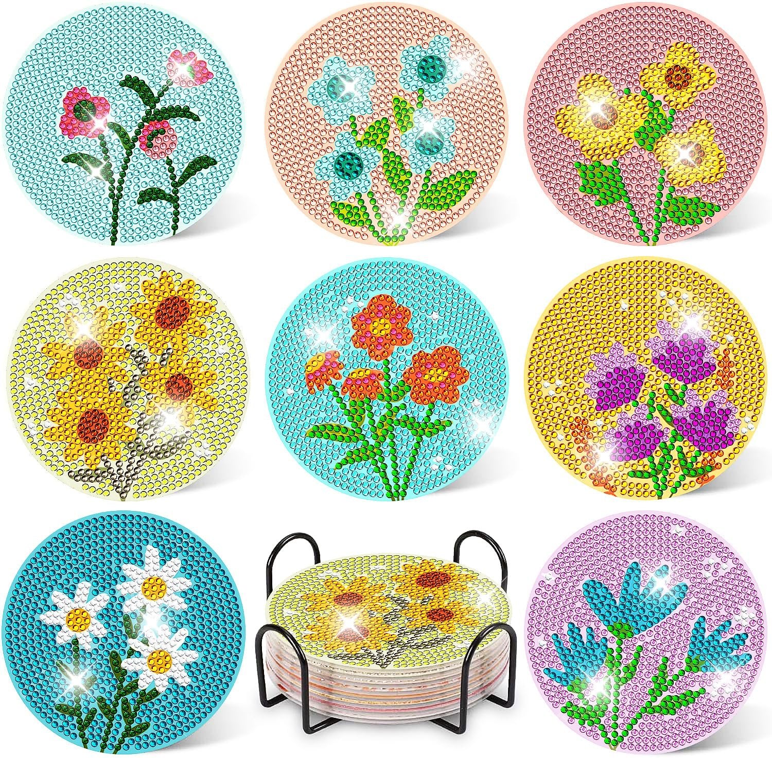 Diamond art coasters with flower designs and a black metal holder, showing various floral patterns.