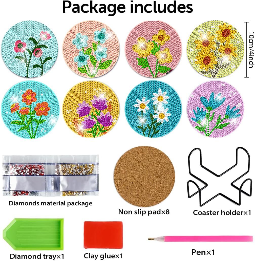 Diamond art coaster kit contents including eight flower design coasters, diamond bags, tray, glue, pen, and holder.