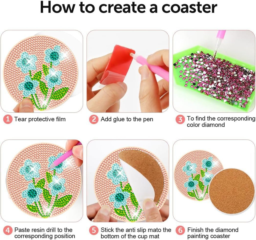 Diamond art coaster kit instructions showing 6 steps to create a coaster with flower designs.
